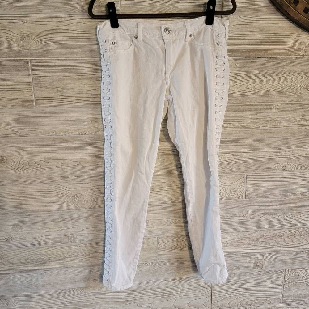 True Religion Womens Lace Up SZ 26 Halle Mid Rise Super Skinny Jean White
